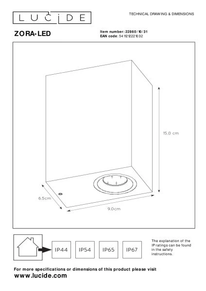 Lucide ZORA-LED - Spot mural / Applique mural Intérieur/Extérieur - LED Dim. - GU10 - 2x5W 3000K - IP44 - Blanc - technique